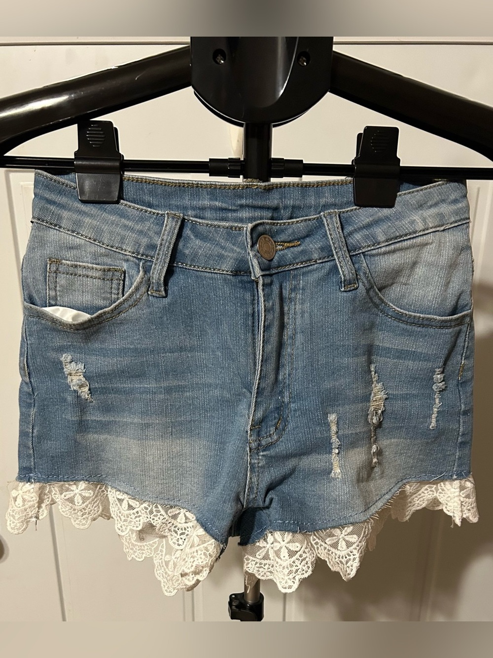 Denim Lace Trim Women's Shorts - Light Blue